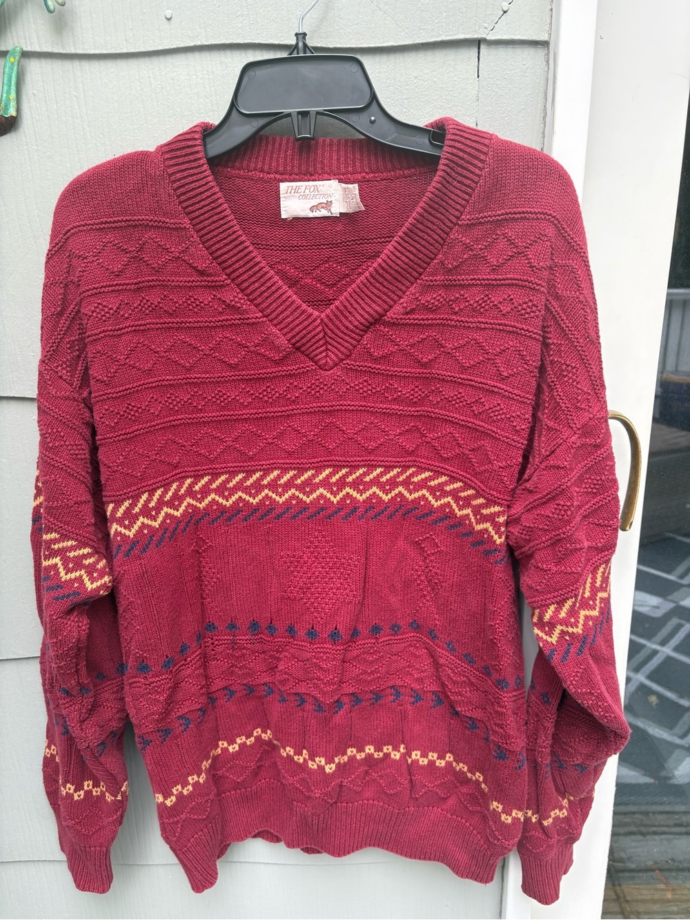 Vintage Red V-Neck Knit Sweater Geo Accents